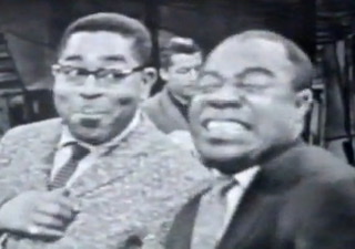 Dizzy Gillespie and Louis Armstrong laughing on Timex All-Star Jazz Show in 1959.