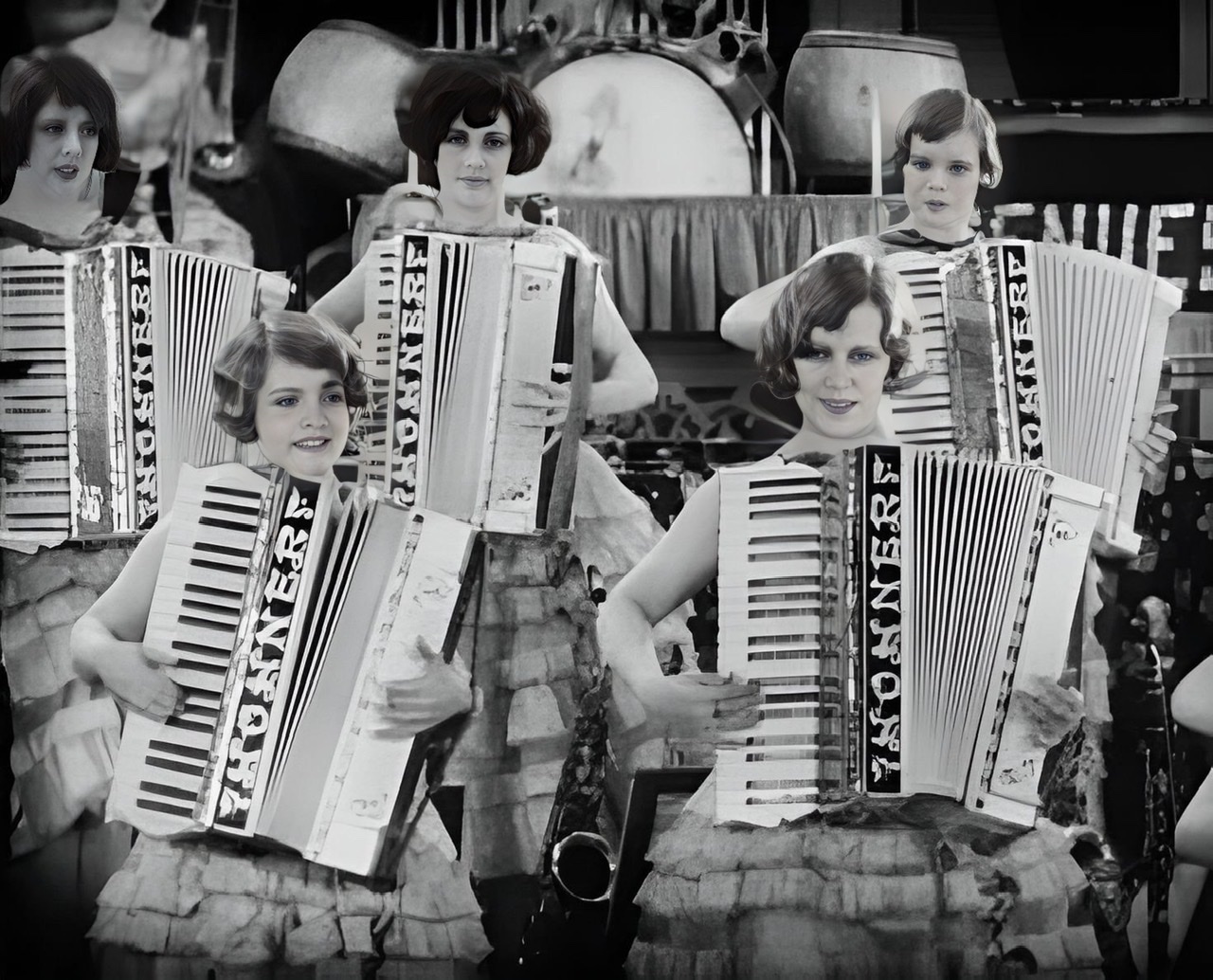 A very enhanced black and white screen capture from the short film "The Band Beautiful" of a closeup of five seated Ingenues playing accordions.