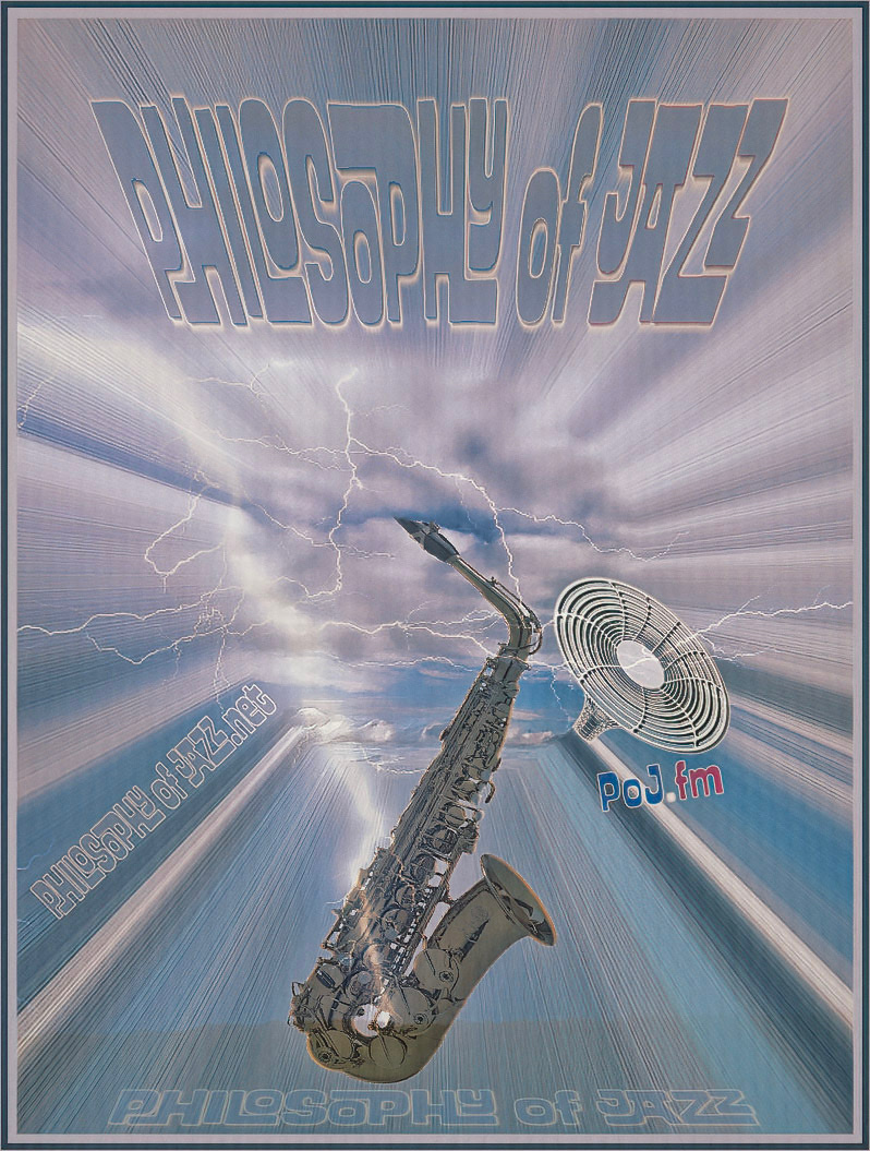 A framed graphic of an enlarged centered saxophone in a sky with tiny lightning in background and with PoJ.fm logos.