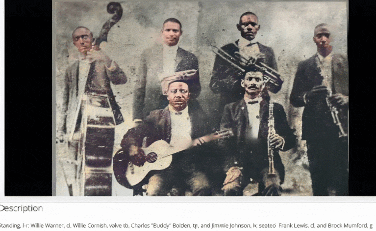 An enhanced and colorized photograph of the Buddy Bolden band with an animated Bolden.