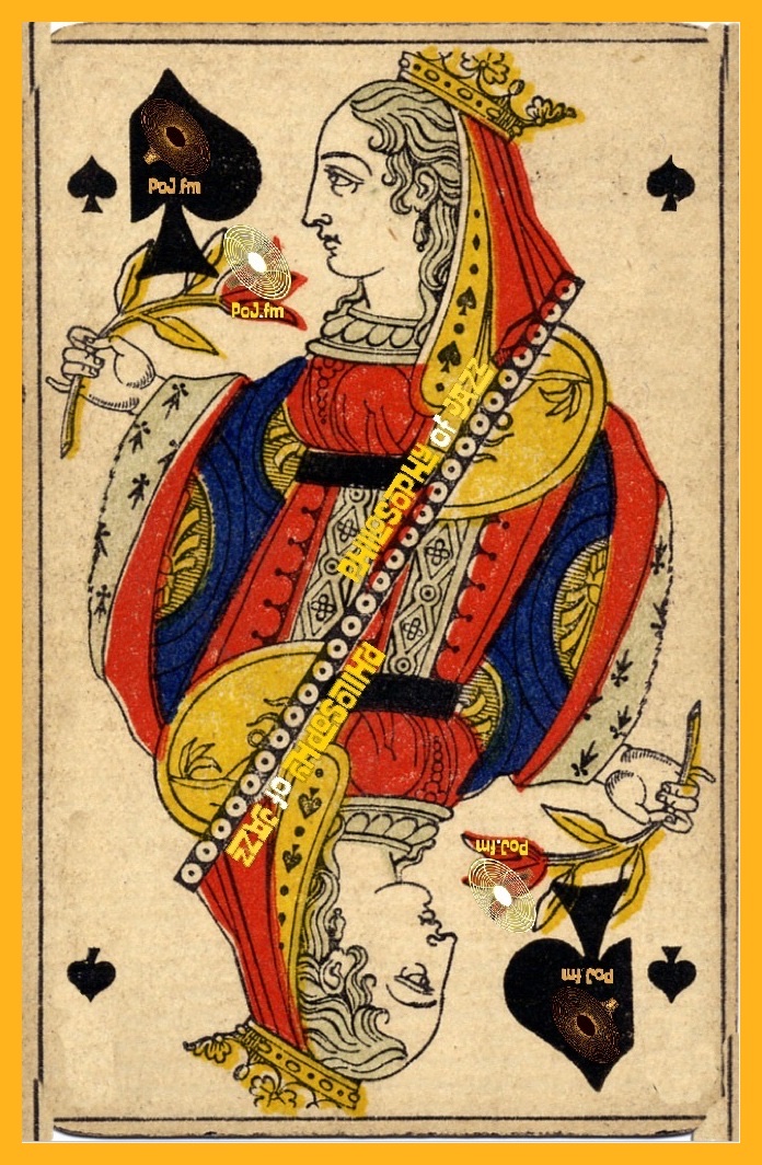 Early French Queen of Spades playing card with PoJ.fm logos embedded