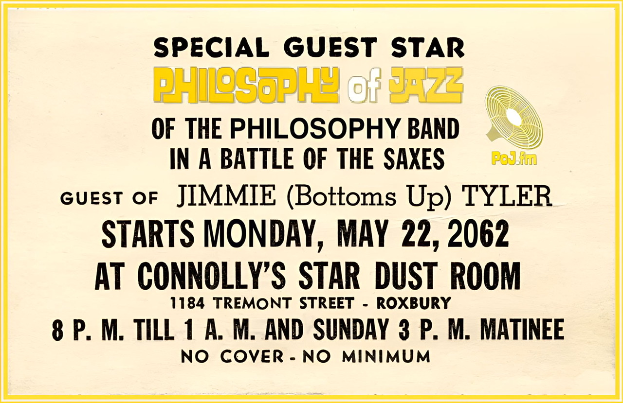 A yellow framed and enhanced modified poster advertising a Battle of the Saxes with special guest star Philosophy of Jazz of the Philosophy band opening on Monday, May 22, 2062.
