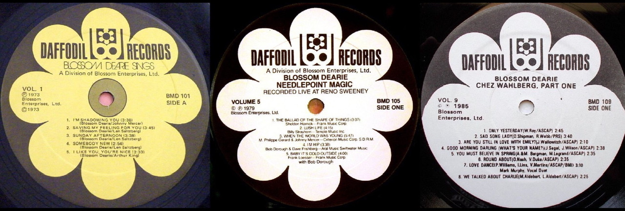 Three record labels of the front sides of the vinyl disks of Blossom Dearie's Daffodil Records recordings.