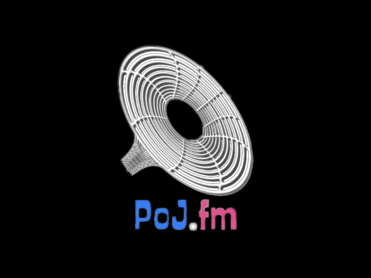 An unframed graphic of the PoJ.fm logo with blue POJ, white dot period, pink fm on a pitch black background.