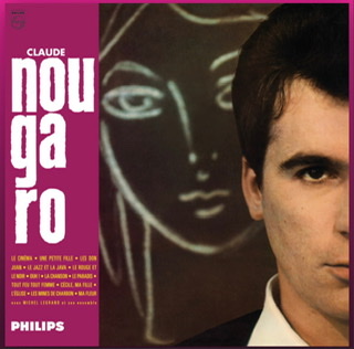 A color graphic of the album cover for "Le Cinema" by Claude Nougaro with only the left side of his face on the right side of the cover with a Picasso drawing of an easily recognized women's head in the background.