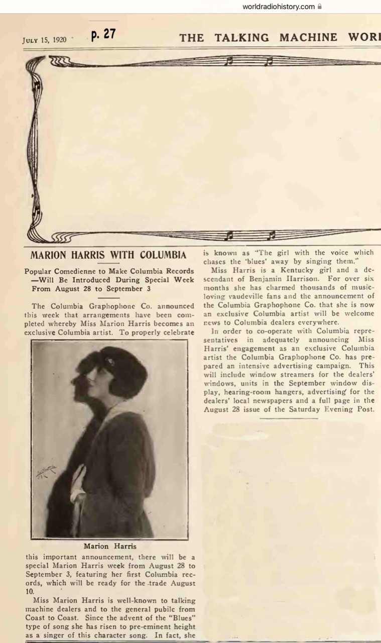 Page 27 from Talking World Magazine of July 15, 1920 announcing Marion Harris is now exclusively recording for Columbia Records.