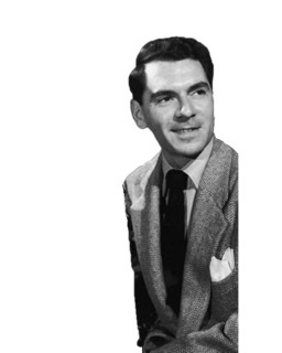 A black and white photographic cutout of Dave Barbour wearing a seersucker jacket with a white pocket handkerchief in his sport coat outer pocket.