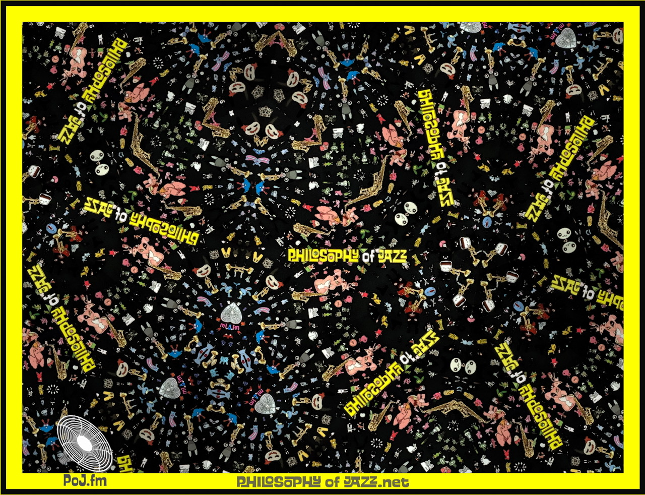 A bright yellowish slight green frame with the words "Philosophy of Jazz.net" centered in bottom of the frame and inside of the frame is a black background with hundreds of tiny cartoon-like figures with some playing trumpets or saxophones with the same color as the frame the words "Philosophy of Jazz" in star pattern around clusters of these tiny figures.