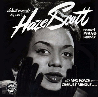 The album cover of "Relaxed Piano Moods" by Hazel Scott on a dark background and a headshot closeup of Hazel Scott's face with her two black gloved hands grasping her own cheeks.