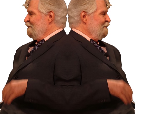 The same color photographic cutout of a dyptich of Bill Holman sitting back to back with himself in profile.