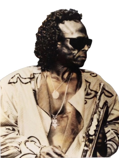 A colorize photographic cutout of late Miles Davis facing to the right with an open shirt and several chains with medallions exposed on his bare chest while holding his trumpet in is left hand at chest height with bell pointing straight down.