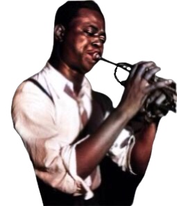 An enhanced and colorized photographic cutout of Frankie Newton blowing hard into his trumpet 🎺 facing to his left.