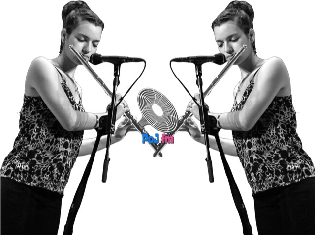 A transparent mirrored dyptich of a black and white photographic cutout of Elena Pinderhughes playing her flute with the crossed flutes holding a PoJ.fm logo resting between them.