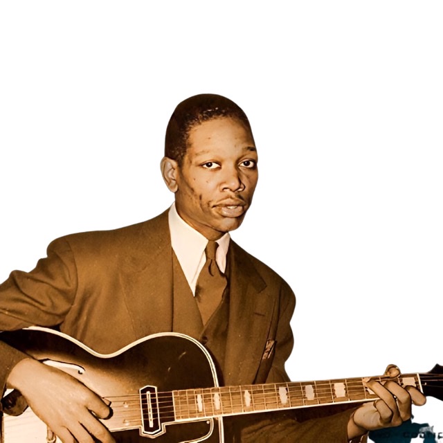 A color photographic cutout of Charlie Christian holding his guitar in his lap while seated.