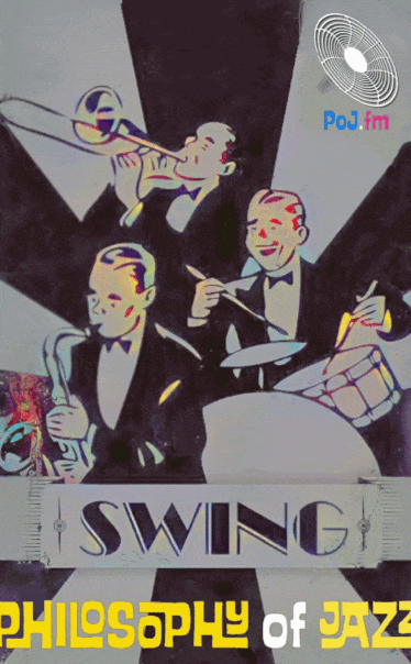 A metal sign with cartoon drawn figures of a jazz trio playing saxophone on far left, drummer on right, and trombonist between them in background with PoJ.fm logos added.