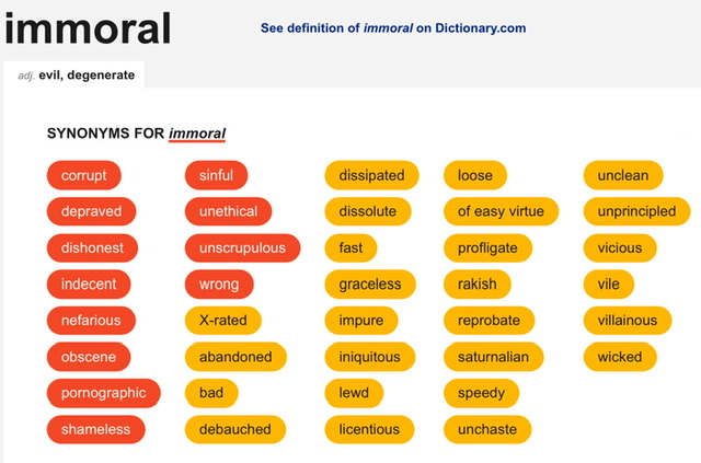 A chart of synonyms for the word "immoral" from Dictionary.com.