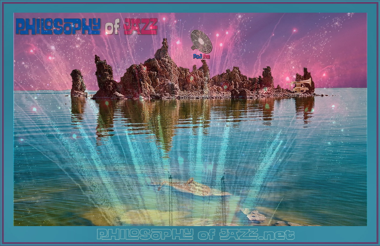 A color photograph of the blue/green water at Mono Lake with a crusty island sticking out with a purple-pink sky and a trumpet lying on the island's shore, a saxophone in the foreground under water, and PoJ.fm logos added