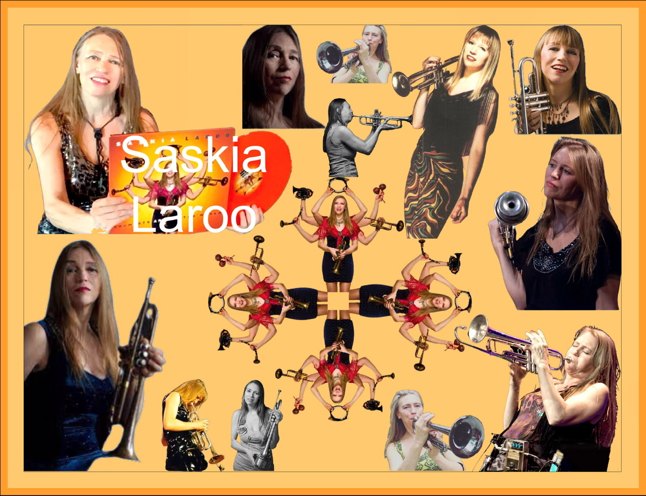A frame colored dark butterscotch surrounding a composite of seventeen color photographic cutouts (some repeat) of Saskia Laroo at various stages of her career usually holding or playing her trumpet on a lighter butterscotch colored background.