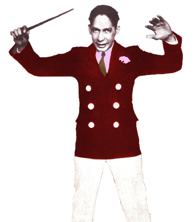 A colorized photographic cutout of Jelly Roll Morton wearing a red jacket with large round buttons standing face forward with both arms raised and a conducting  baton in his right hand (on viewers left) ready to strike the downbeat.