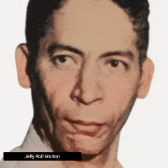 A colorized Live Portrait of Jelly Roll Morton smiling and looking around.