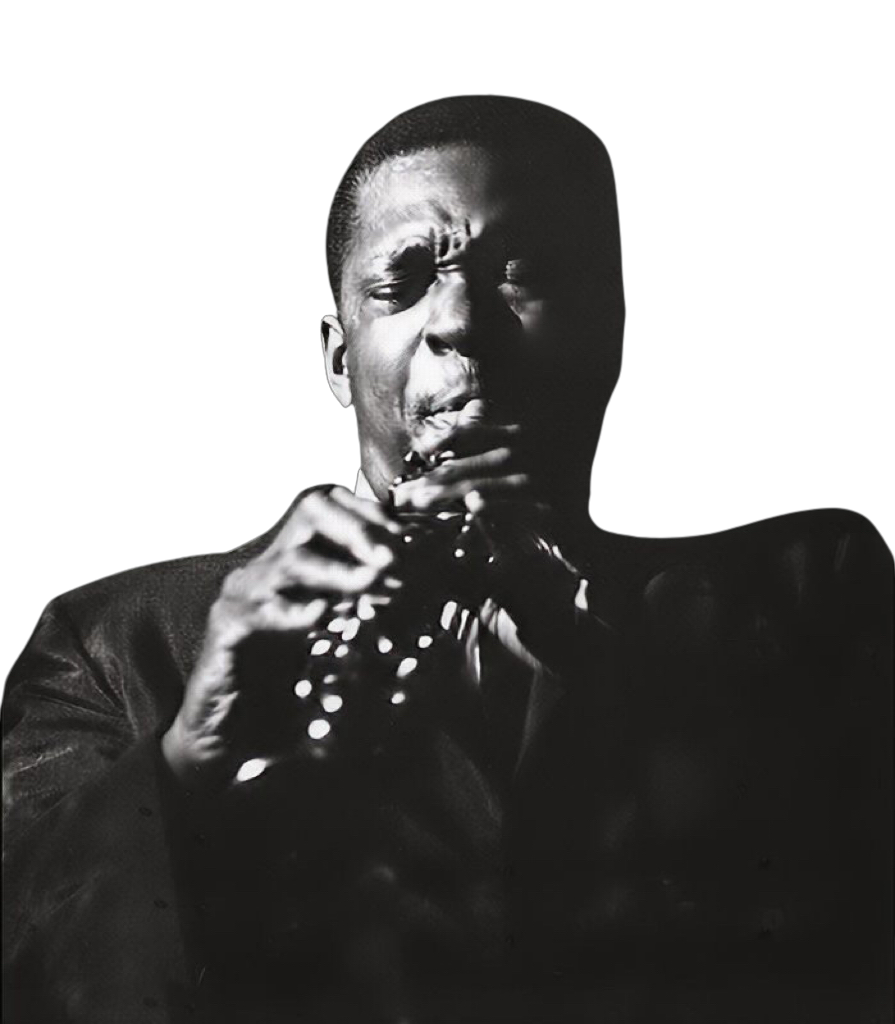An enhanced black and white photographic cutout of John Coltrane with an intensely furrowed brow blowing hard on his soprano saxophone.