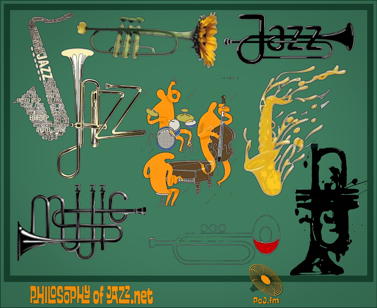A framed and enhanced color graphic of multiple musical looking brass instruments shaped as the word "Jazz."